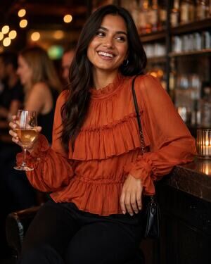 Adam Lippes Tiered Statement Ruffle Top Blouse in Brick Orange. Size 2.